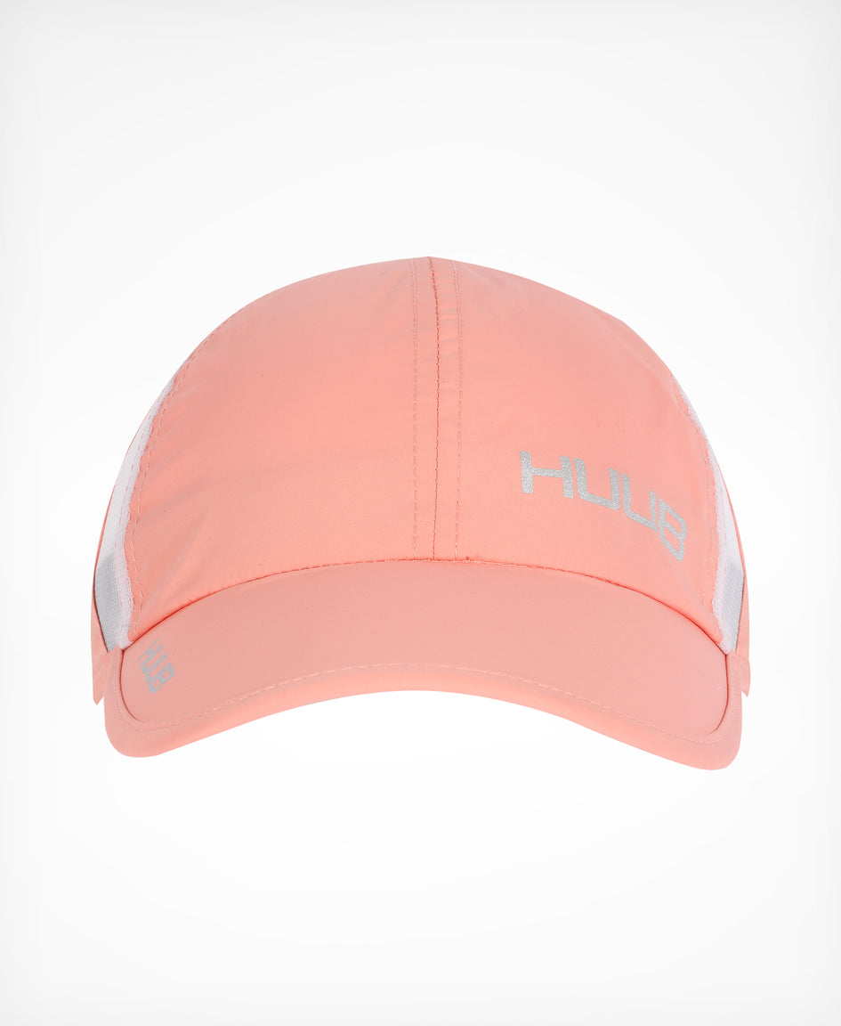 HUUB Race Cap II – mesh, flat panel, race running cap in Coral, White, or Black, ultra-lightweight and adjustable.