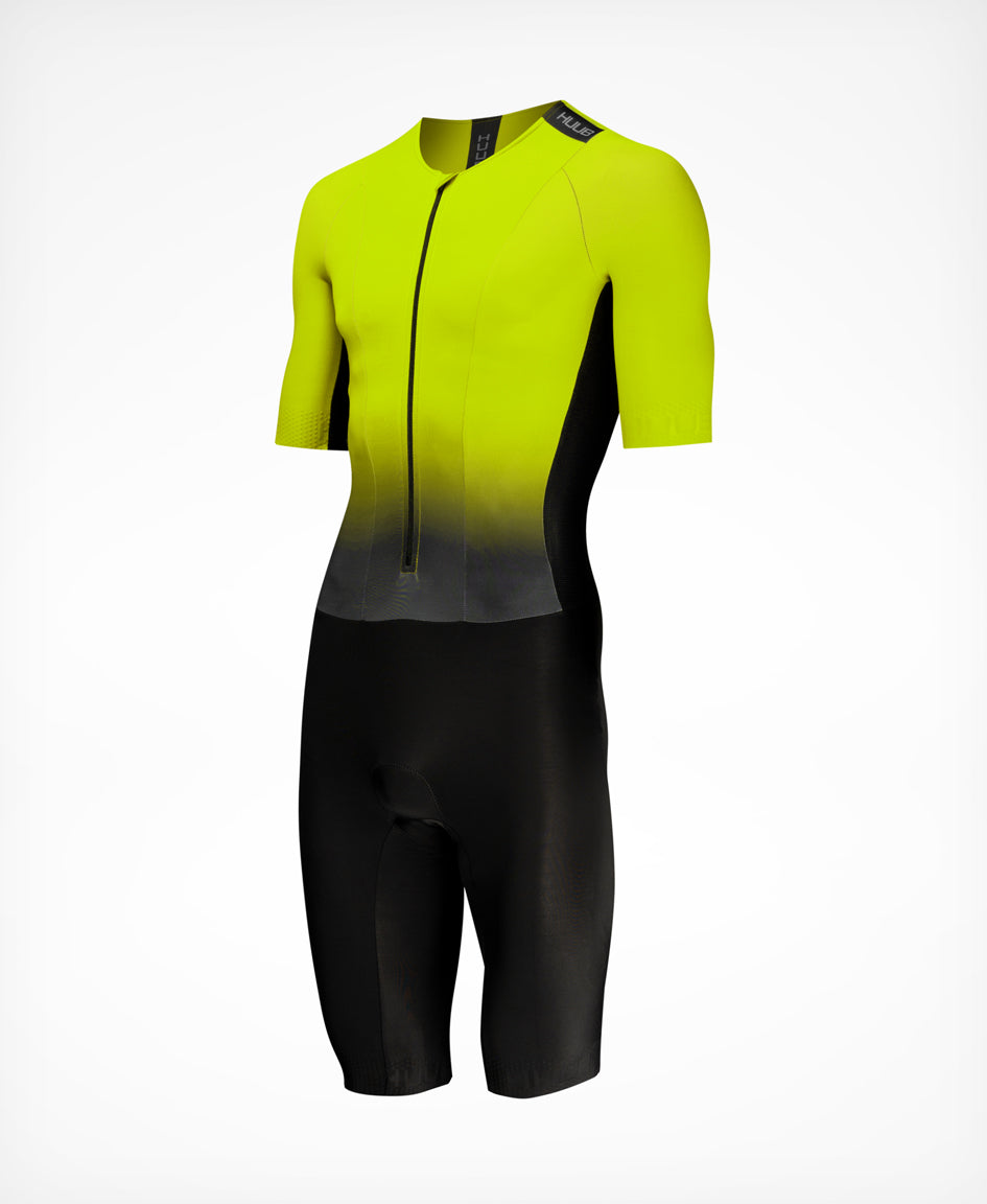 HUUB TC Performance Tri Suit Men’s – Fluo Yellow, Black White, long sleeve, mesh, 3D pad, rear pockets