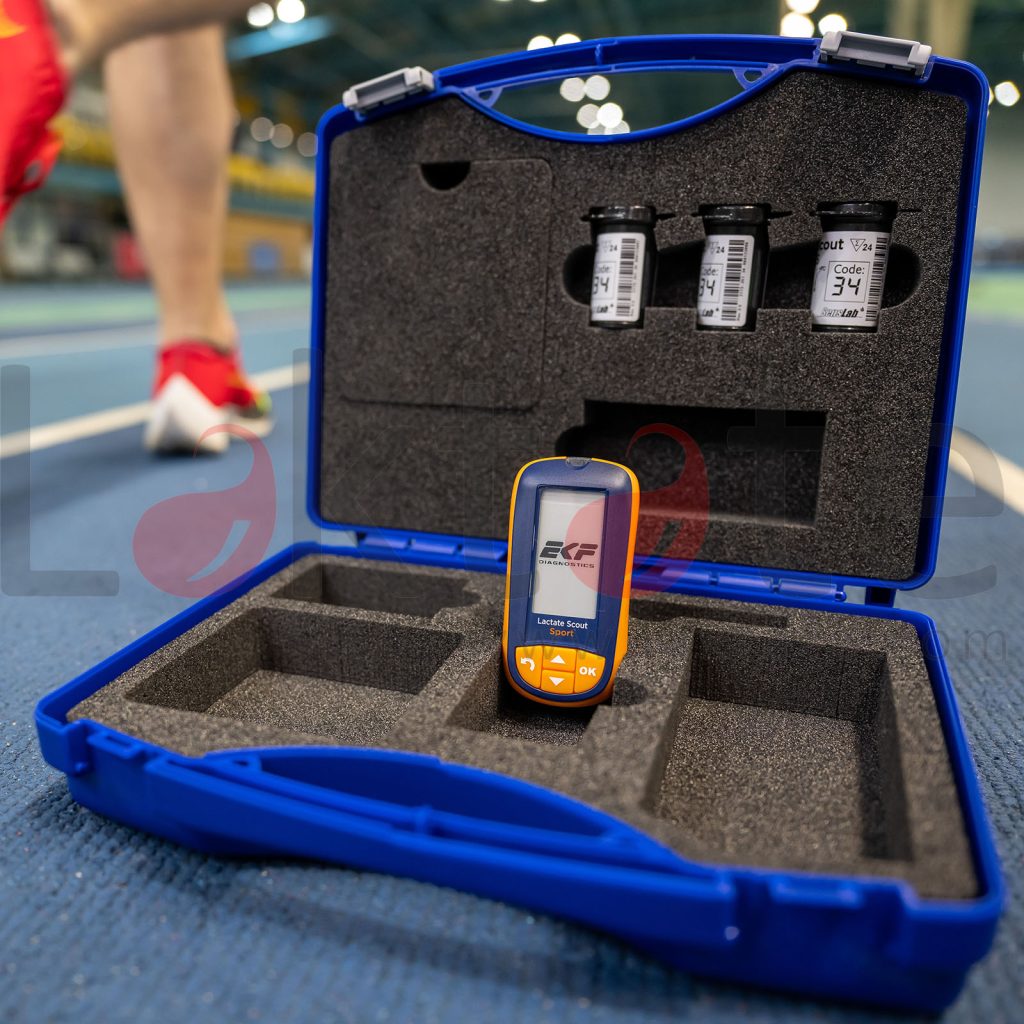 EKF Lactate Scout Sport Field Case portable blood lactate analysis kit open showing analyzer, strips, lancets, cleaning supplies and software