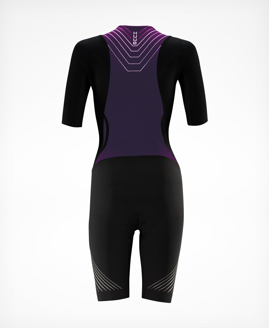 HUUB Pinnacle Tri Suit Women’s Black Grape – open zip, aero fit, premium heat management for triathlon.