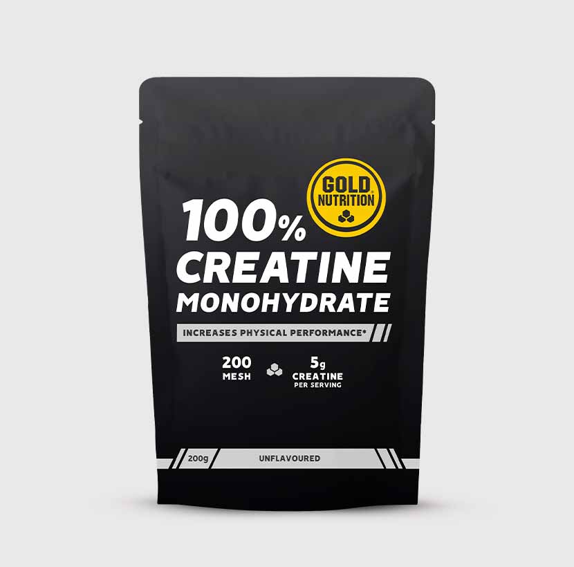 GoldNutrition creatine monohydrate supplement container with scoop, showing the label and product details for dietary supplementation.