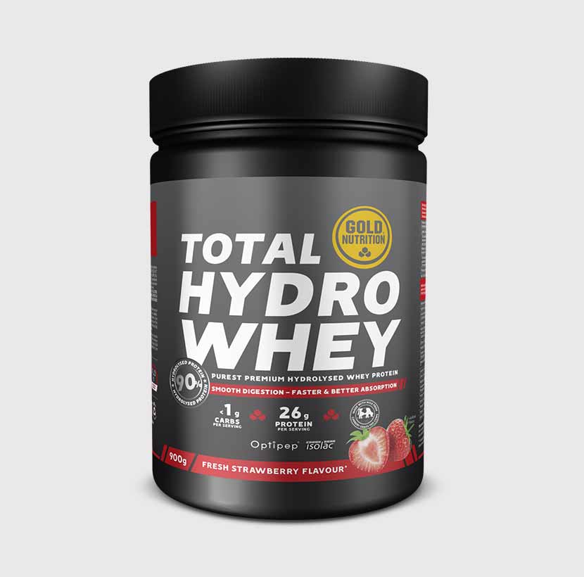 GoldNutrition Total Hydro Whey protein powder in vanilla flavor, showing the product container with label and packaging details.