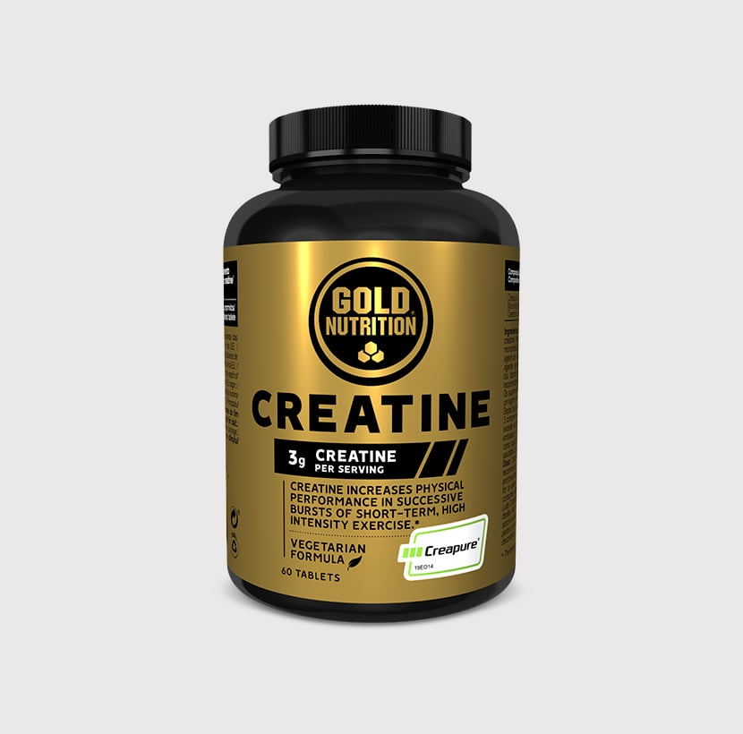GoldNutrition creatine supplement container with scoop, showing white powder inside, for muscle energy and athletic performance.
