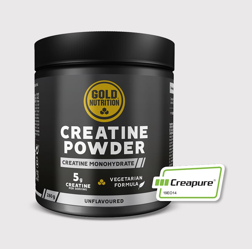GoldNutrition creatine powder in a clear container, showing white powder supplement for muscle strength and athletic performance.
