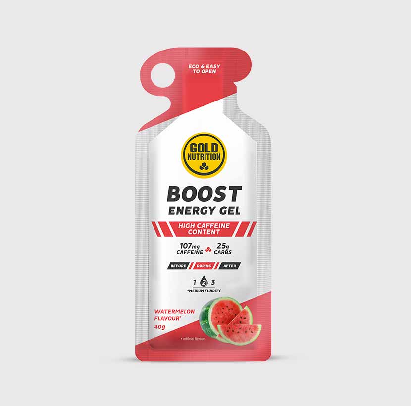GoldNutrition BOOST PLUS ENERGY GEL packet showing the vitamin supplement for quick energy boost and athletic performance.