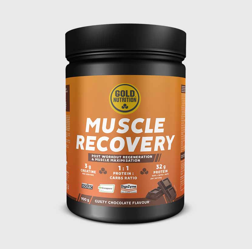 GoldNutrition Muscle Recovery 900g vanilla flavor vitamin and supplement container with label and scoop on a white background.