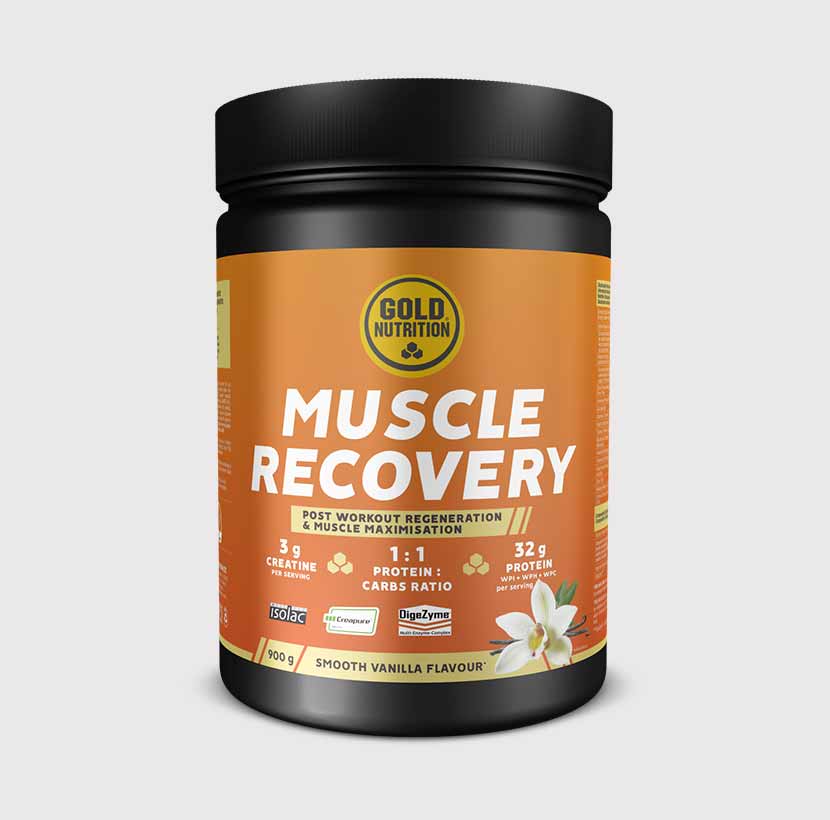 GoldNutrition Muscle Recovery 900g vanilla flavored supplement container for post-workout recovery and muscle repair.