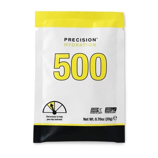 Precision Fuel & Hydration electrolyte and carbohydrate drink mix in a resealable powder container with measuring scoop.