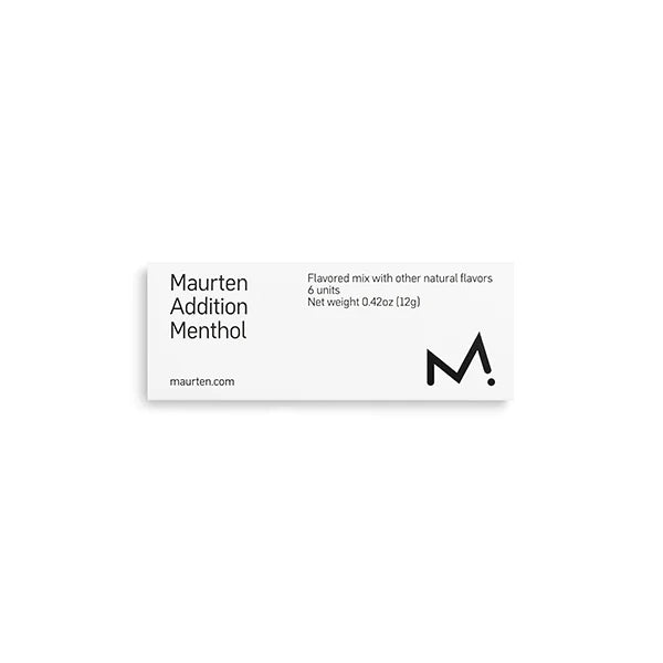 Box of Maurten Addition Menthol sports nutrition energy gels, 6 packs of 2g each, featuring menthol flavor.