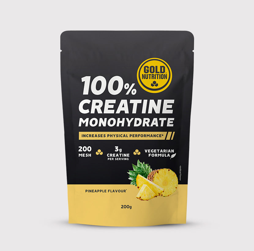 GoldNutrition creatine monohydrate supplement container with label, showing powder inside and product details.