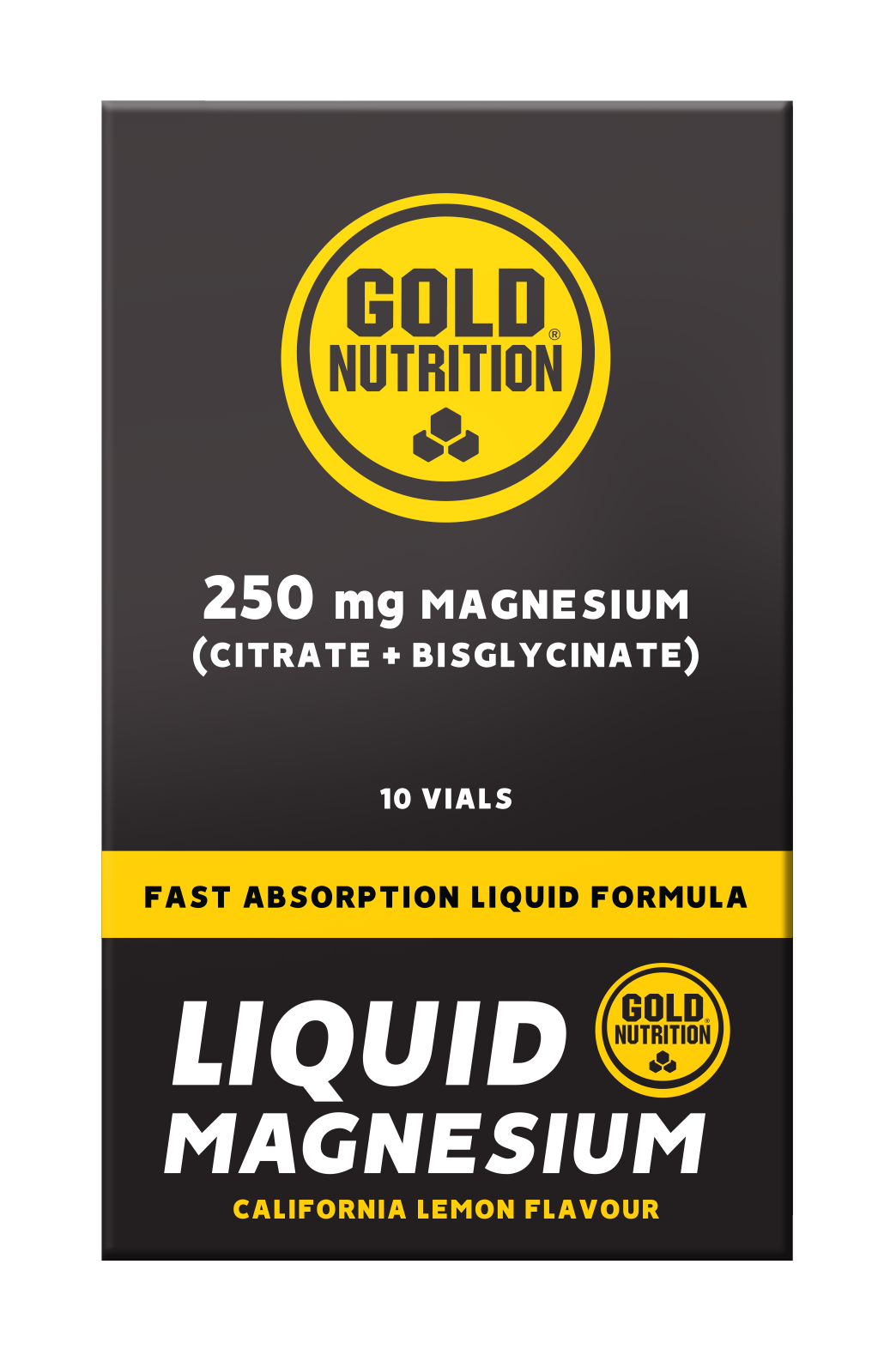 GoldNutrition magnesium vial, 25ml bottle of vitamins and supplements, with clear label and secure cap.