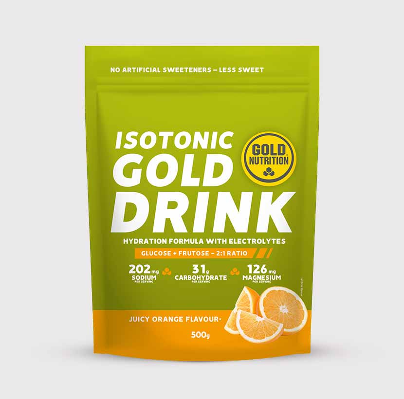 GoldNutrition GOLD DRINK 500g vitamin and supplement powder container with label showing product details and branding.