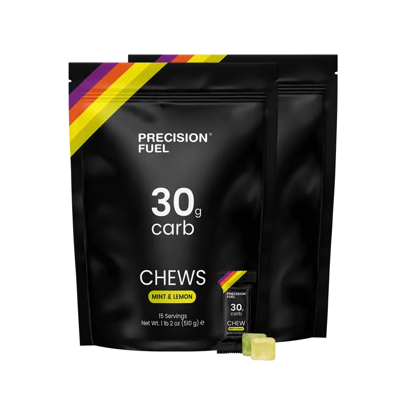 Single serving of Precision Fuel & Hydration PF 30 Energy Chews in mint lemon flavor, showing the colorful chew packet.